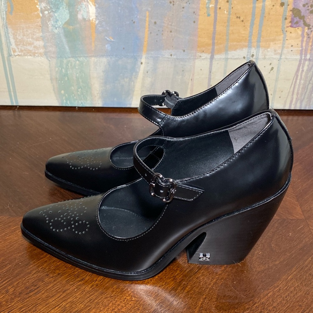 Sam Edelman Aleksa Black  Leather Mary Jane Blocked Heel Pointed Toe Pumps W 7 - Picture 4 of 7